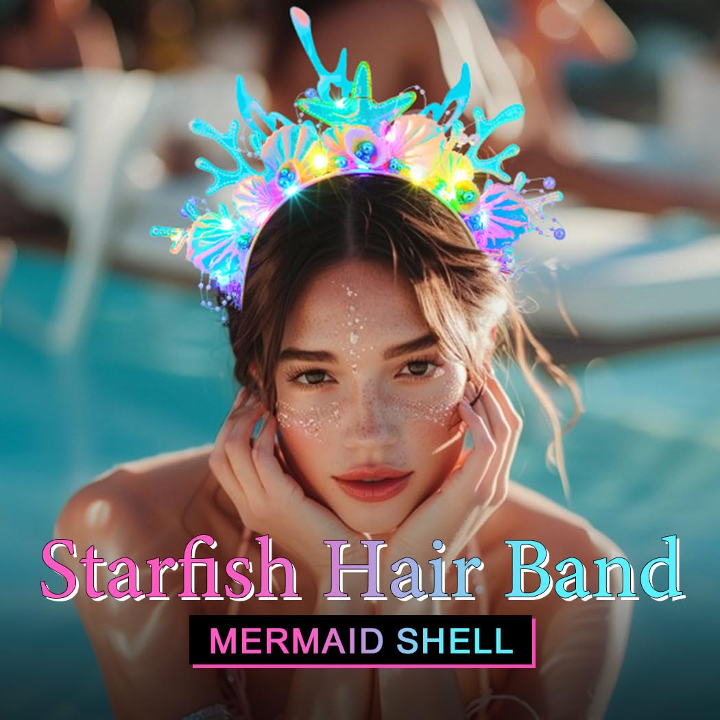 Handcess Licht omhoog Zeester Kroon Hoofdband Shell LED Haarband Gloeiende Zeemeermin Parel Kostuum Haar Hoepel Party Rave Haaraccessoires voor Vrouwen