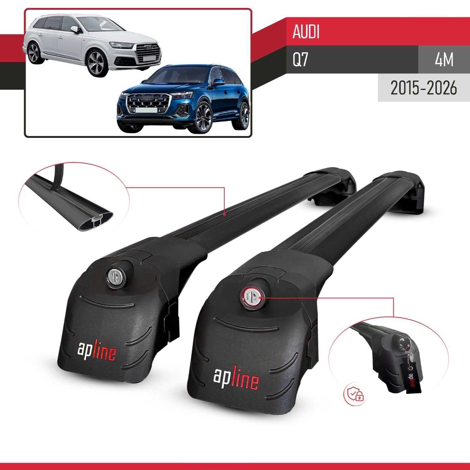 Kompatibel mit Audi Q7 (4M) 2015-2026 ACE-2 Modell Relingträger Dachträger Auto Gepäckträger Schwarz Aluminium 2 Stangen