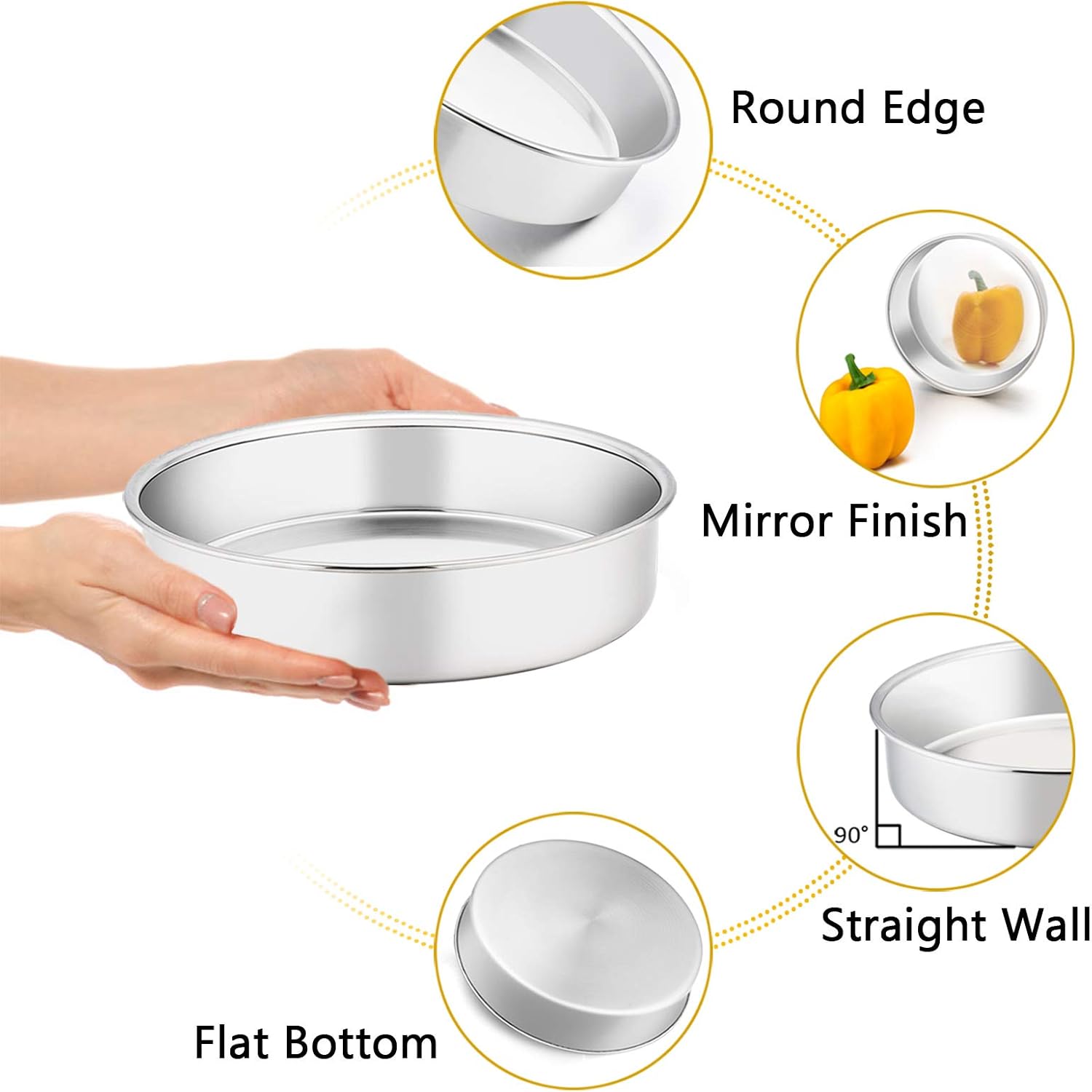 TeamFar 9½ Inch Cake Pan, Round Tier Cake Pans Set Stainless Steel for Baking Steaming Serving, Perfect for Birthday Wedding Celebrations, Healthy & Sturdy, Mirror Finish & Dishwasher Safe - Set of 2 - Image 2