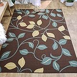 Anti-Bacterial Rubber Back AREA RUGS Non-Skid/Slip 5x7 Floor Rug | Chocolate Brown Floral Garden Indoor/Outdoor Thin Low Profile Living Room Kitchen Hallways Home Decorative Traditional Area Rug