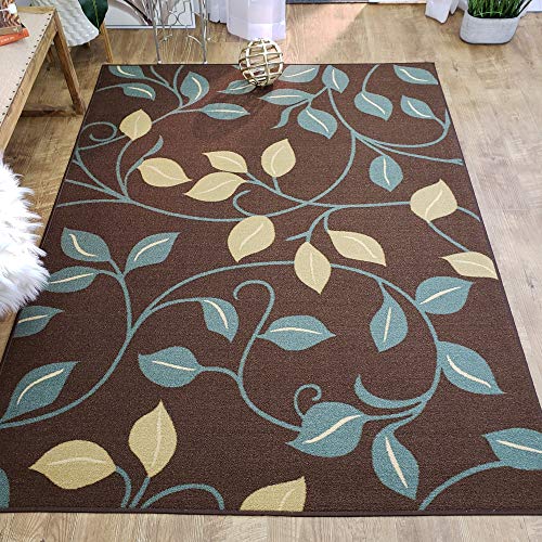 Maxy Home Rubber Backed Area Rug, 58 x 78 inch (fits for 5x7 Area), Brown Floral, Non Slip, Kitchen Rugs and Mats