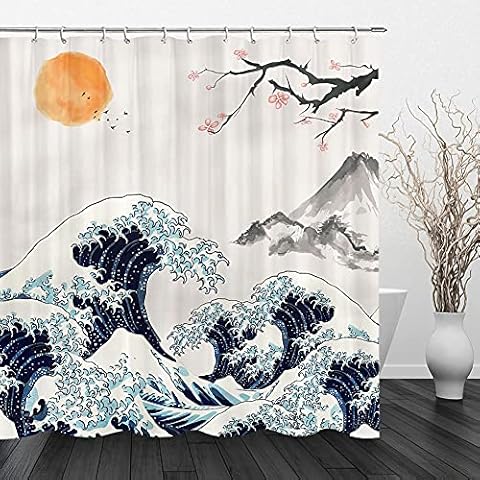 Anime Shower Curtain Cool Shower Curtains Japanese Art Shower Curtain Ocean Shower Curtain Wave Shower Curtain for Bathroom Set Mountain Fuji Decor 70x70 inches with Hooks Cover
