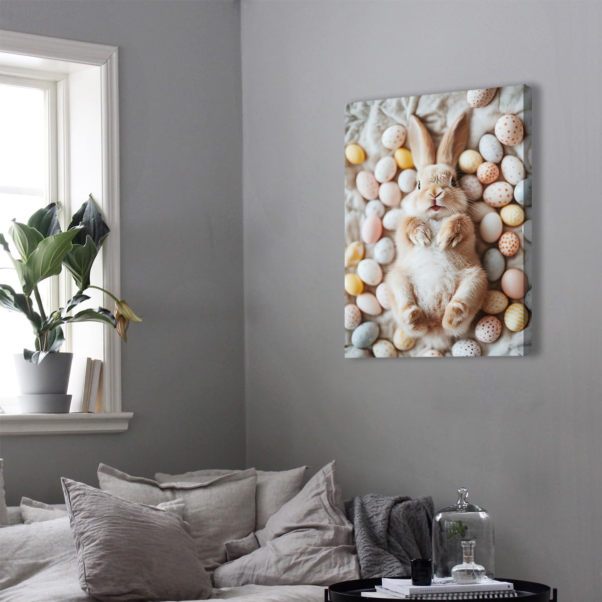 SHENGPOSTER Puszysty uroczy królik z kolorowymi pisankami wydruki na płótnie sztuka ścienna wiosna plakaty ścienne do salonu sypialni kuchni dekoracja wnętrz 55x70cm