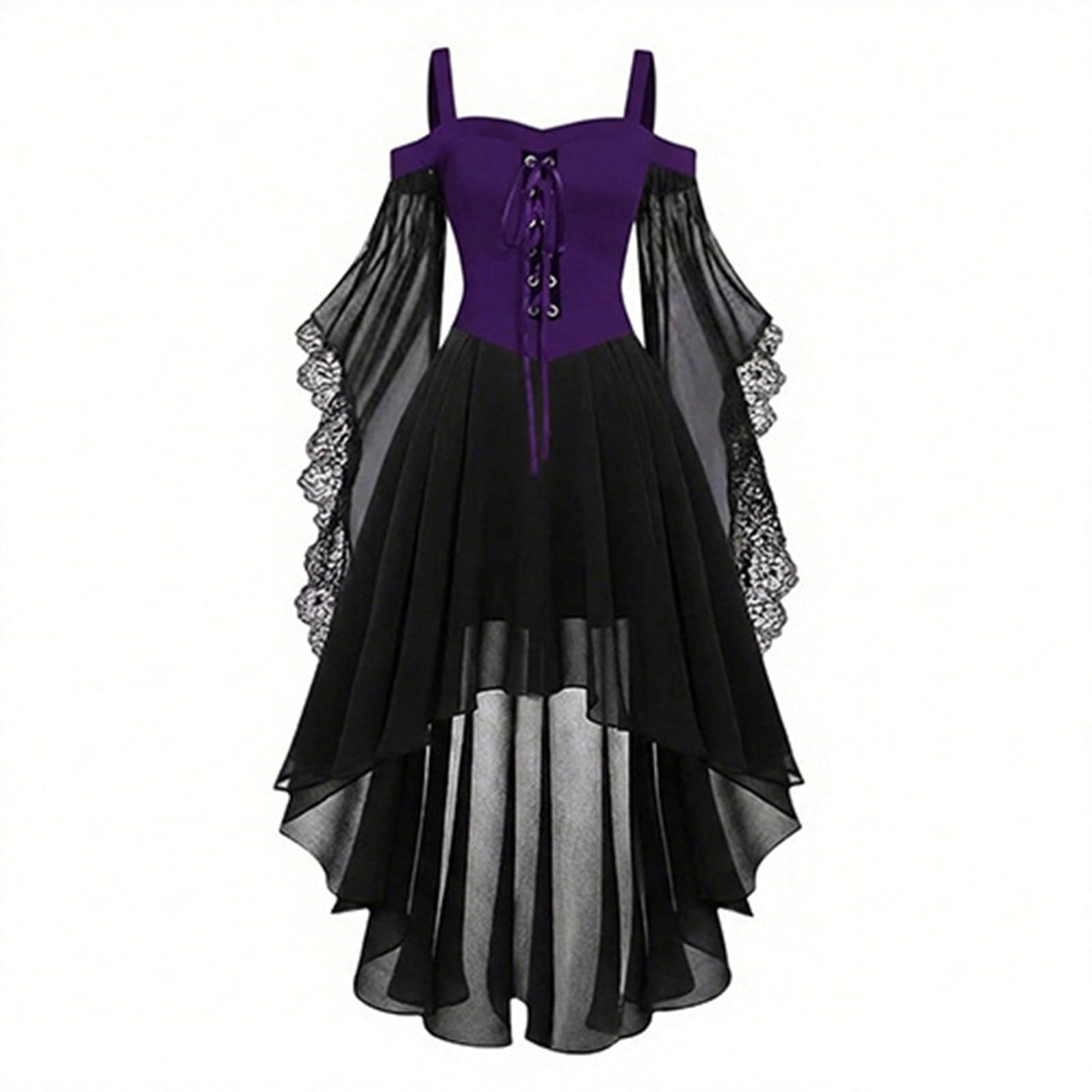 Halloween Costumes Adult Women Cold Shoulder Strap Gothic Dress A-Line Mesh Patchwork Medieval Costume Ladies Vintage Steampunk Lace Up Renaissance Irregular Hem Plus Size Gothic Witch Dresses