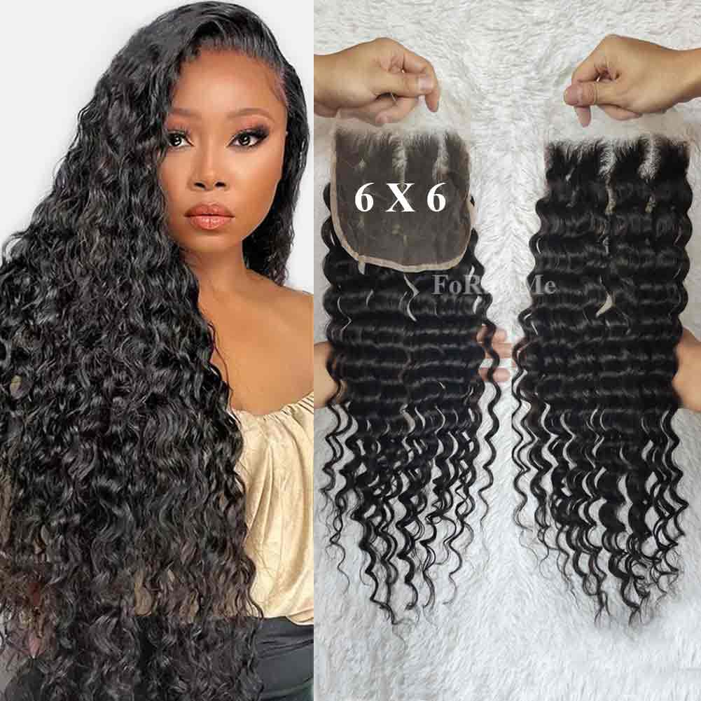 Forawme Brazilian Virgin Human Hair Pre Plucked 6x6 Transparent Lace Top Closure 18 Inch 1B Deep Wave with Natural Hairline