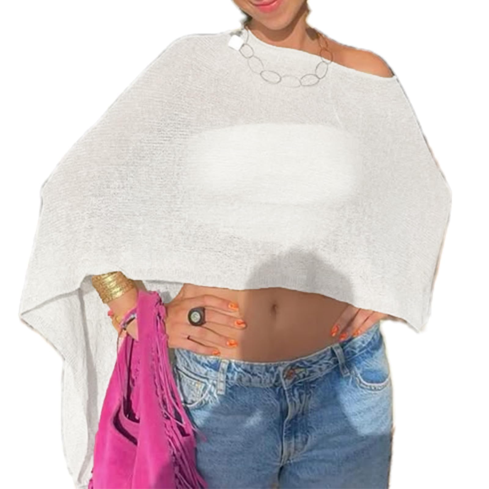 Women Sheer Knit Poncho Lightweight See Through Shrug Top Crochet Y2K Asymmetrical Mesh Shawl Beach Cover Up Lightweight Cape