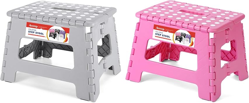 ACSTEP Folding Step Stool 9 Inch Kids Step Stool Holds Up to 300 lb Plastic Foldable Step Stools for Kitchen, Home, Outdoor and IndoorGrey&Pink