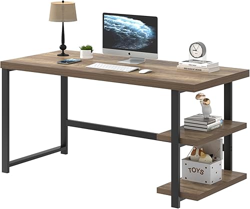 Miniatura 26 de FOLUBAN Escritorio de oficina en casa, escritorio moderno para computadora con estante de almacenamiento, mesa de estudio de madera para juegos para