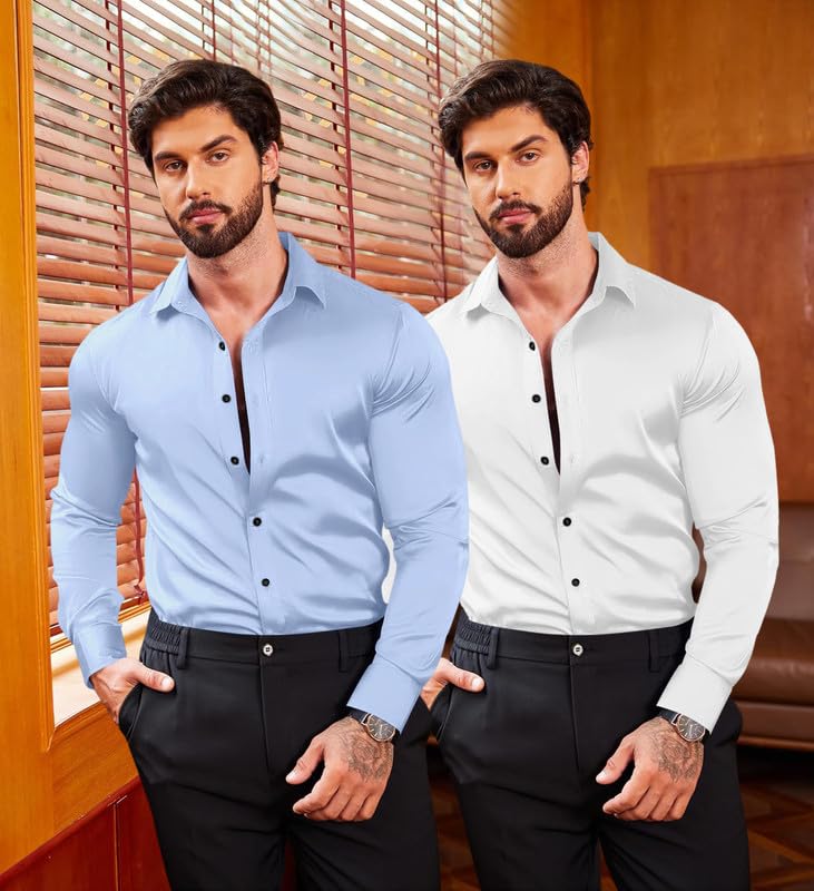 Image of Combo of Men's Premium Satin Cotton Shirt with Full Sleeves & Spread Collar | Smooth Finish | Slim Fit | Stylish Button Down Shirt for Evening, Casual Pack of 2