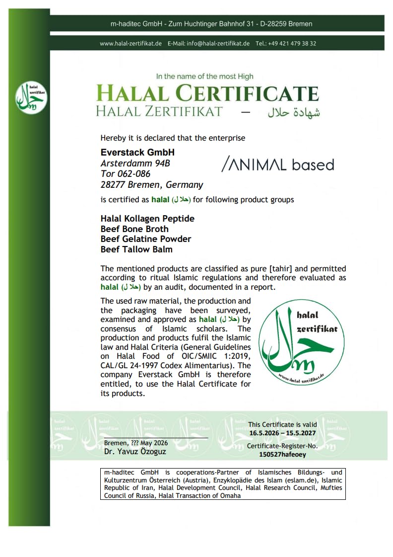 Caldo de hueso en polvo 500 g 50 porciones 81% colágeno Suecia Alemania sin aditivos halal