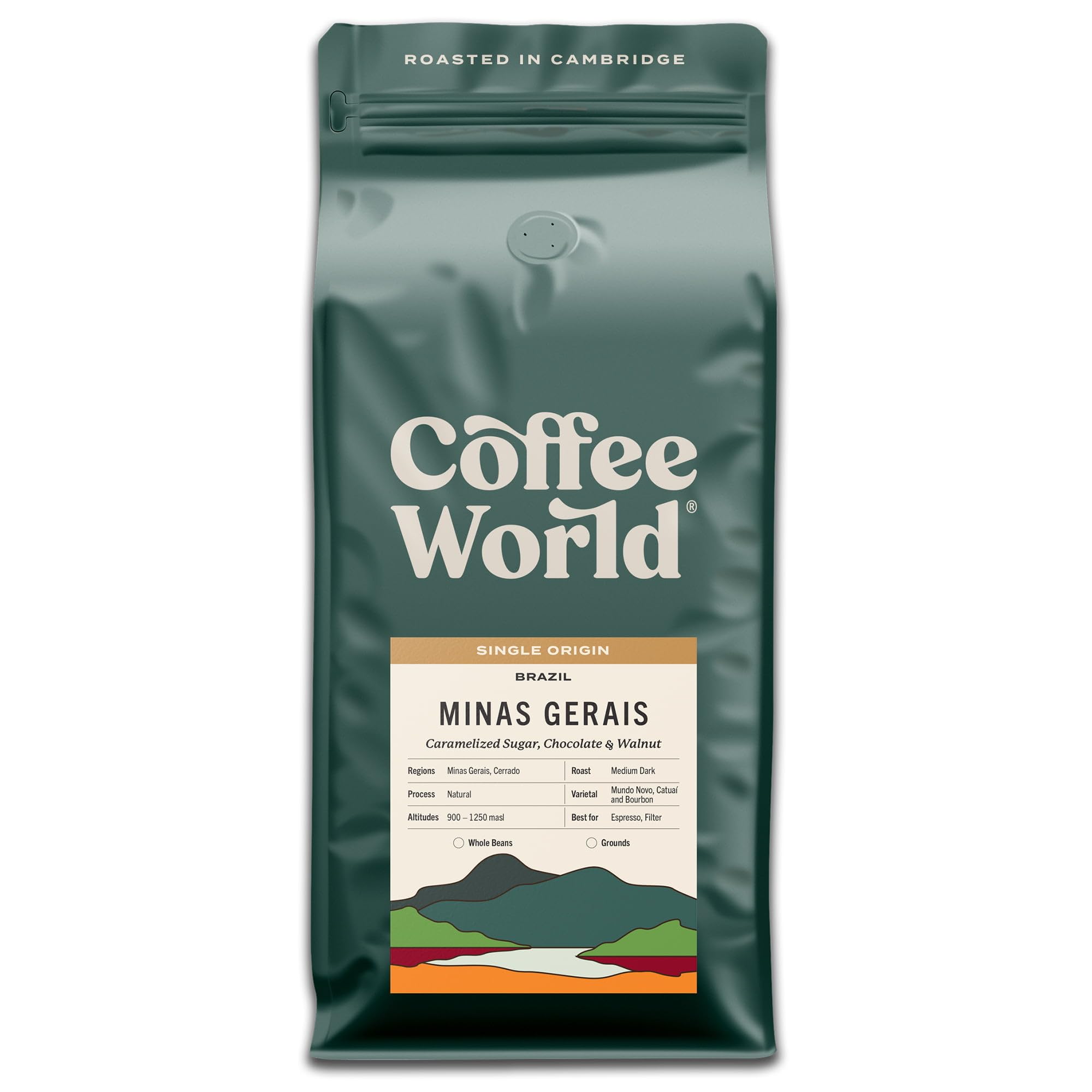 Coffee WorldBrazil Minas Gerais Single Origin, Roasted in Cambridge, Whole Coffee Beans, Retail Bags (8 x 1kg)