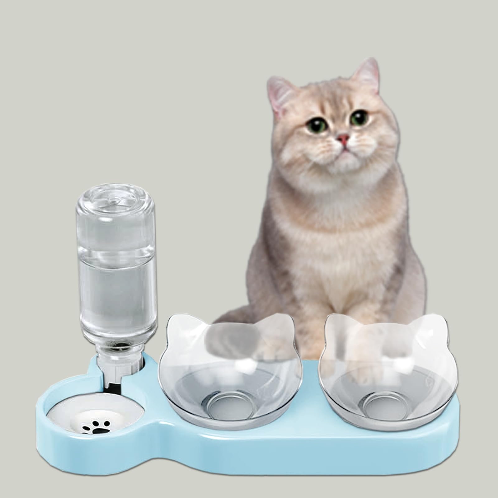 3-In-1 Cat Food And Water Bowl Set, Tilted 15° Bowl,Cat Bowl with Gravity Feeder, Easy to Clean, Cats and Puppies Food and Water Feeding (Blue)