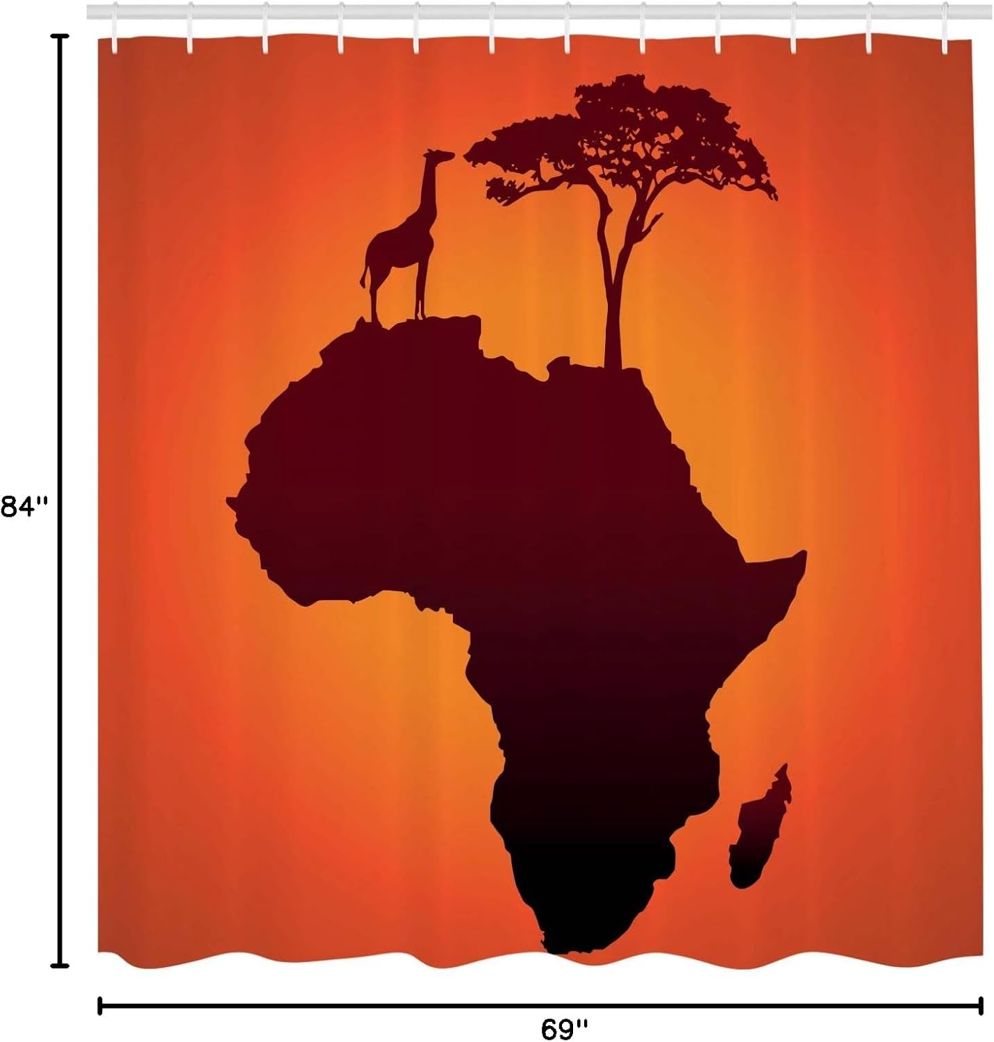 Ambesonne African Shower Curtain, Savannah Map Continent Giraffe and Tree Silhouette Wild Design Illustration, Cloth Fabric Bathroom Decor Set with Hooks, 69" W x 84" L, Orange and Brown