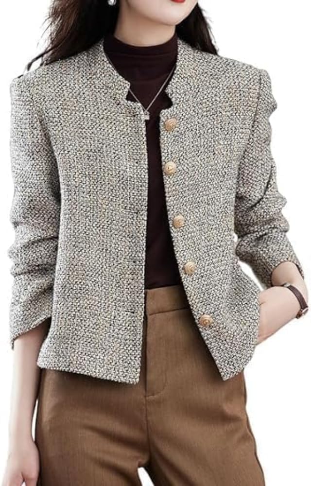 Giacca da Donna in Tweed retrò Elegante Stand-up Collare Monopetto Ufficio Business Giacca Casual Moda Tendenza Giacca Leggera
