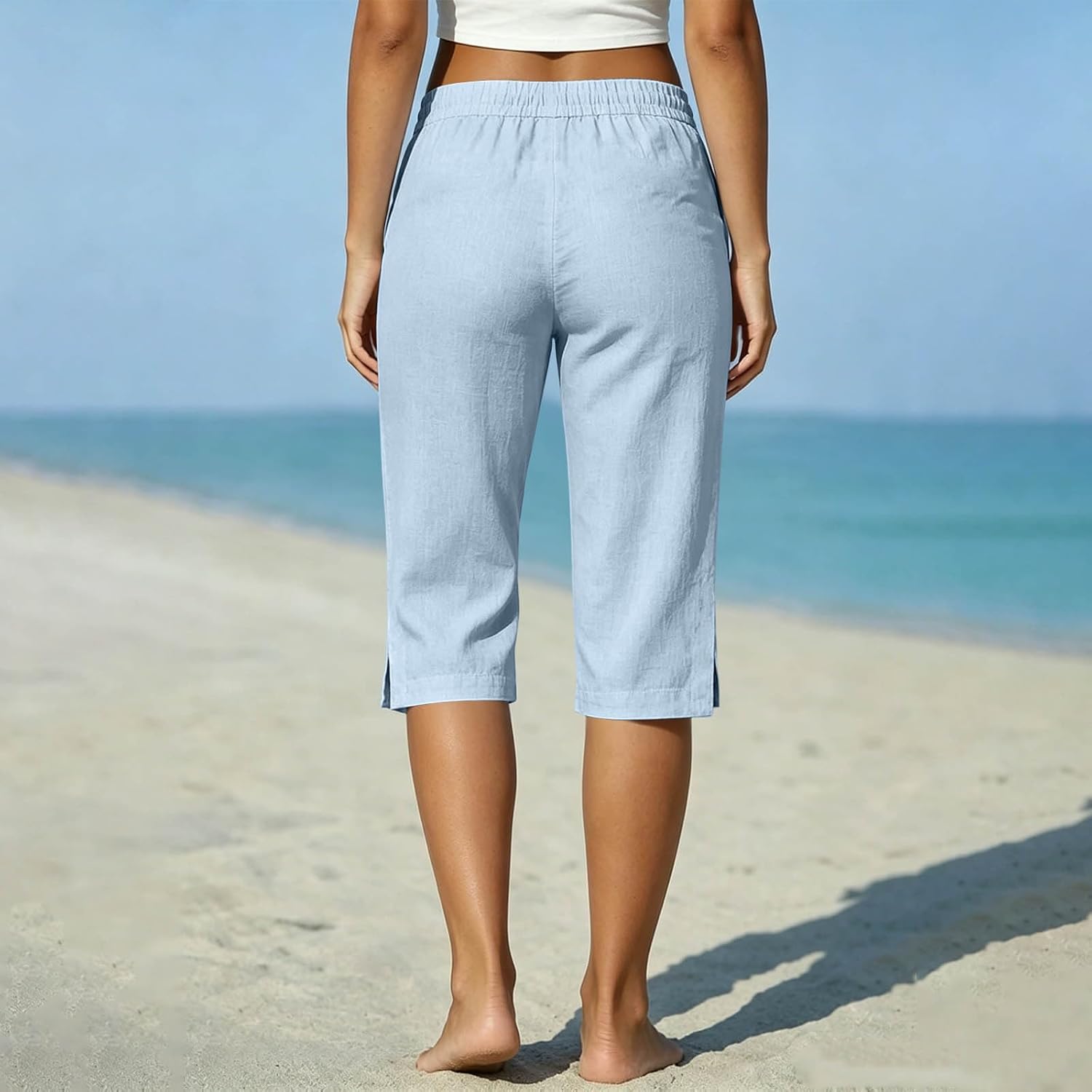Linen Long Shorts for Women Elastic Waist Plus Size Bermuda Shorts Knee Length Baggy Beach Capri Pants with Pocket