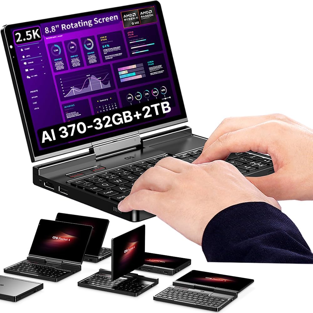 LANRUO GPD Pocket 4 [AI 370-32GB+2TB] Modular Handheld Laptop PC Notebook 8.8" 2560x1600 Rotating Screen Tablet PC Computer Win 11 Home OS 180 Degrees Rotation AI PC
