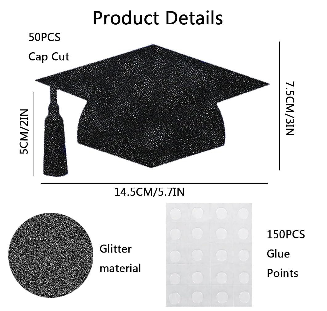 50Pcs Glitter Grad Caps Cutouts with 150Pcs Glue Points, Black Graduation Cap Cut Table Decorations for College Graduation Party Supplies