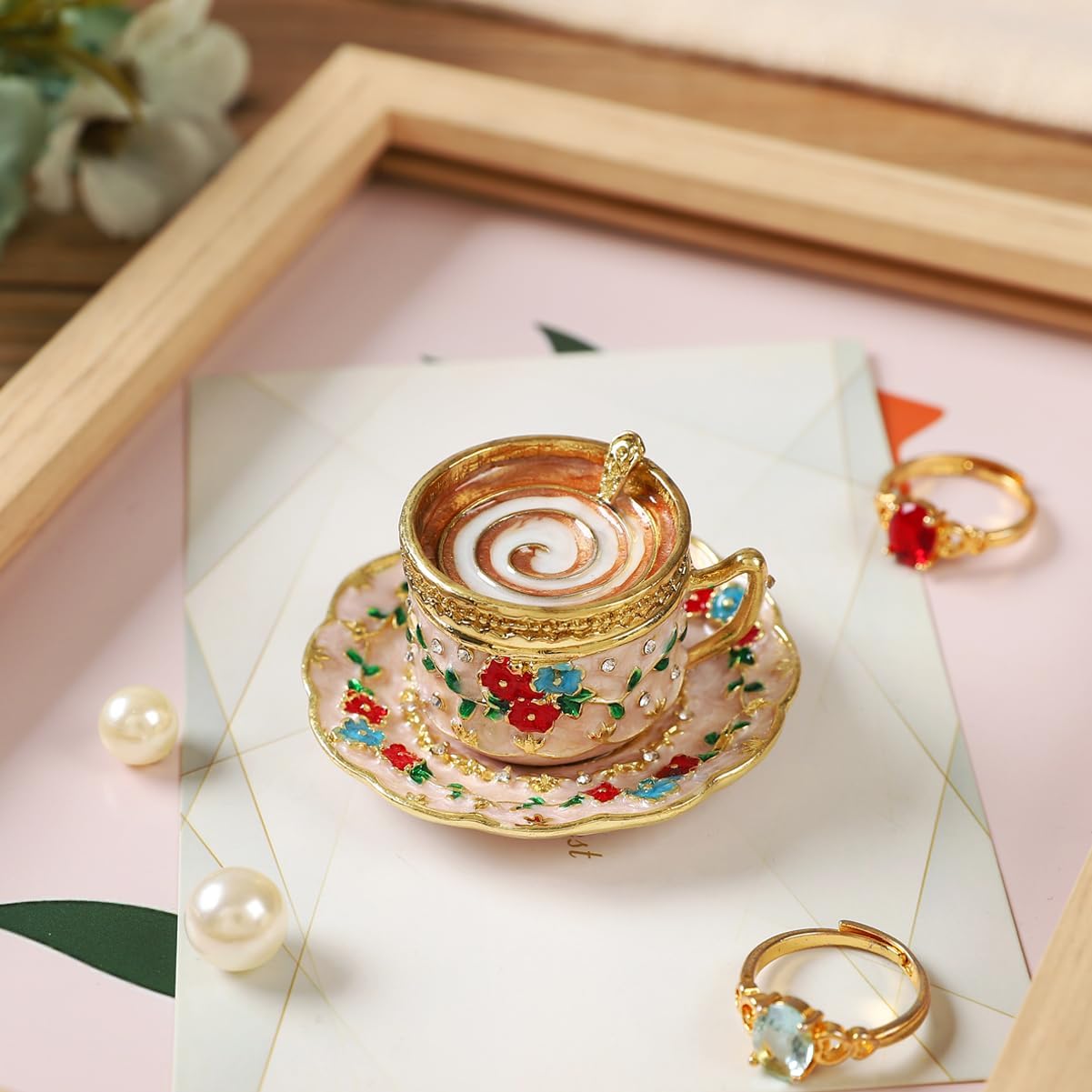 Coffee Cup Trinket Box Enamel Hinge Small Jewelry Boxes Hand-Painted Mother's Day Gift for Women - Image 3