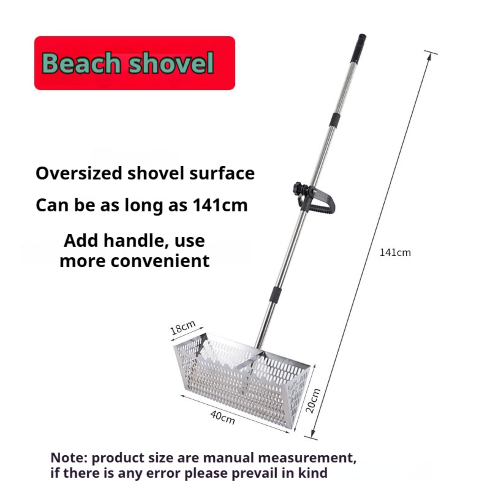 Generisch Sandflohharke Groß Edelstahl Strandsand Sieb mit 141cm Langem Griff und 40x18cm Korb, Sandrechen mit langem Griff, Faltbarer Sandflöhefänger für Reisen, Abnehmbarer Strand-Sandsieb