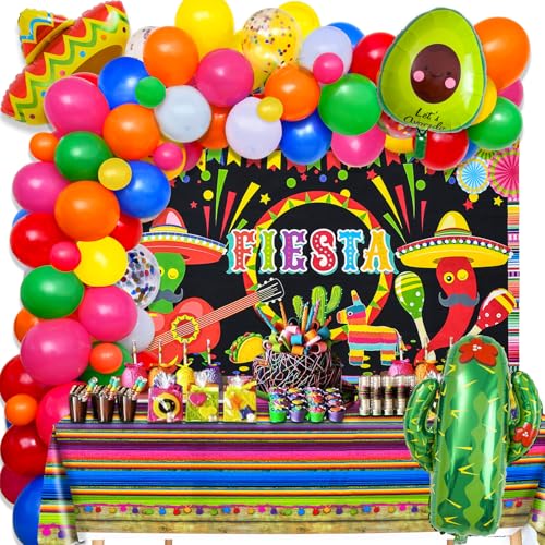 Golray 97pcs Fiesta Party Decorations - Mexico Party Birthday Supplies Balloon Arch Kit Stripe Tablecloth Backdrop Sombrero Llama Avocado Taco Day of the Dead Cinco de Mayo Mexican Party Decor