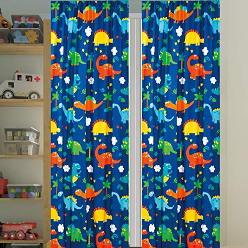 Sapphire Home Kids Boys Window Curtain Panels with tiebacks, Fun Dinosaurs Design Print Window Curtain for Boys Kids, Blue Green Kids Room DÃ©cor, Dinosaur Curtain