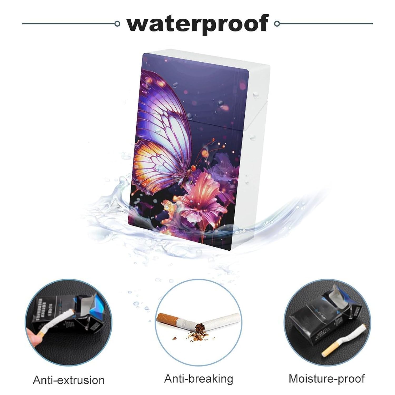 Purple Butterfly Cigarette Case for King Size Retro Holder Case with Exquisite Carved Patterns Box 20 Regular Size Cigarettes
