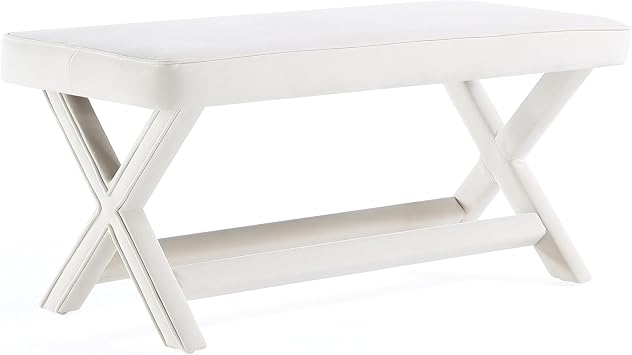 Manhattan Comfort Abigail Double Ottoman Bench Upholstered in Velvet Fabric, Luxurious Accent Vanity Stool with Stylish X-Crossed Legs, Solid Wood Frame, Plush Piped Cushion, Fully Assembled, Cream