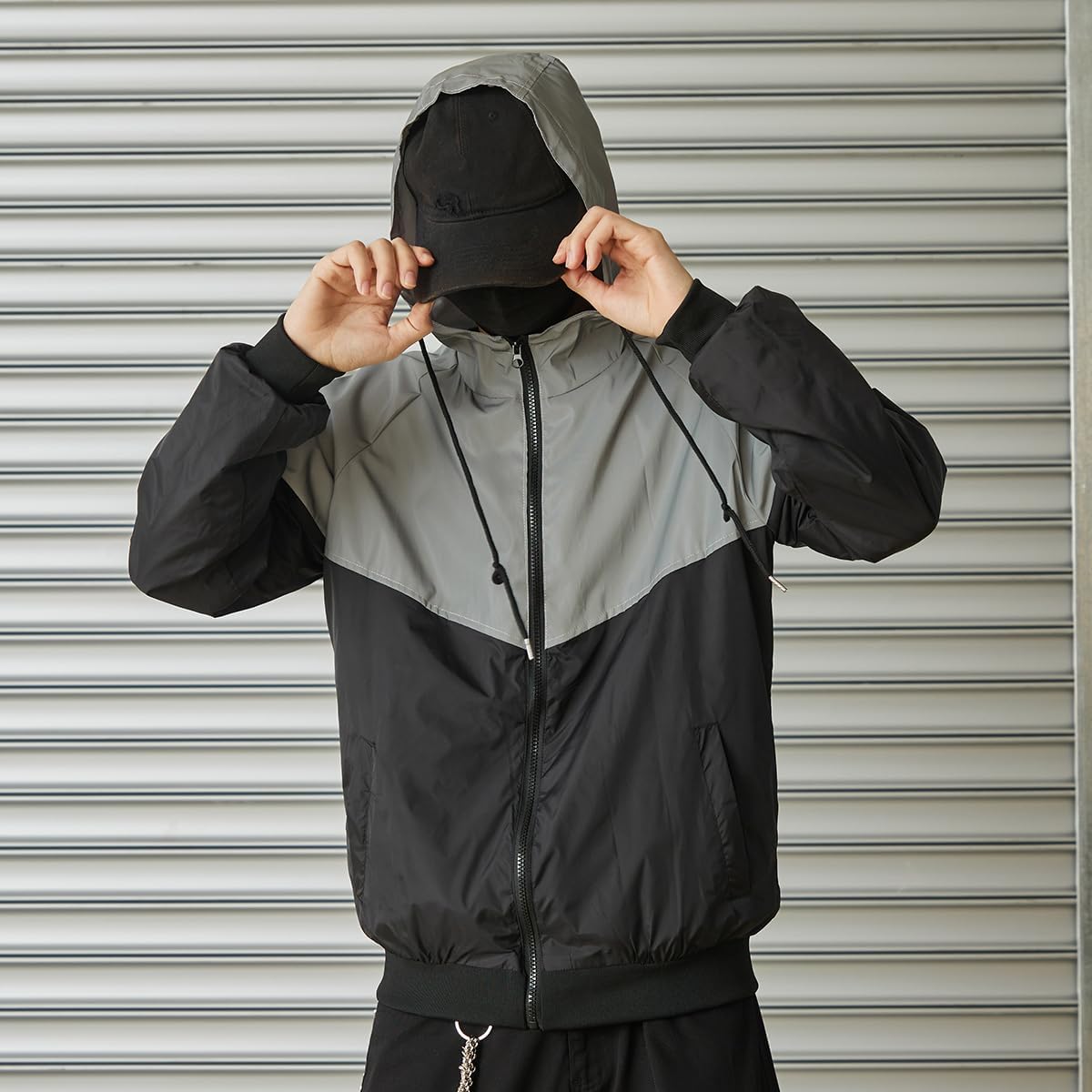 Men Hooded Reflective Patchwork Jacket Loose Version Street Riding Luminous Jacket Male Performance Costumes