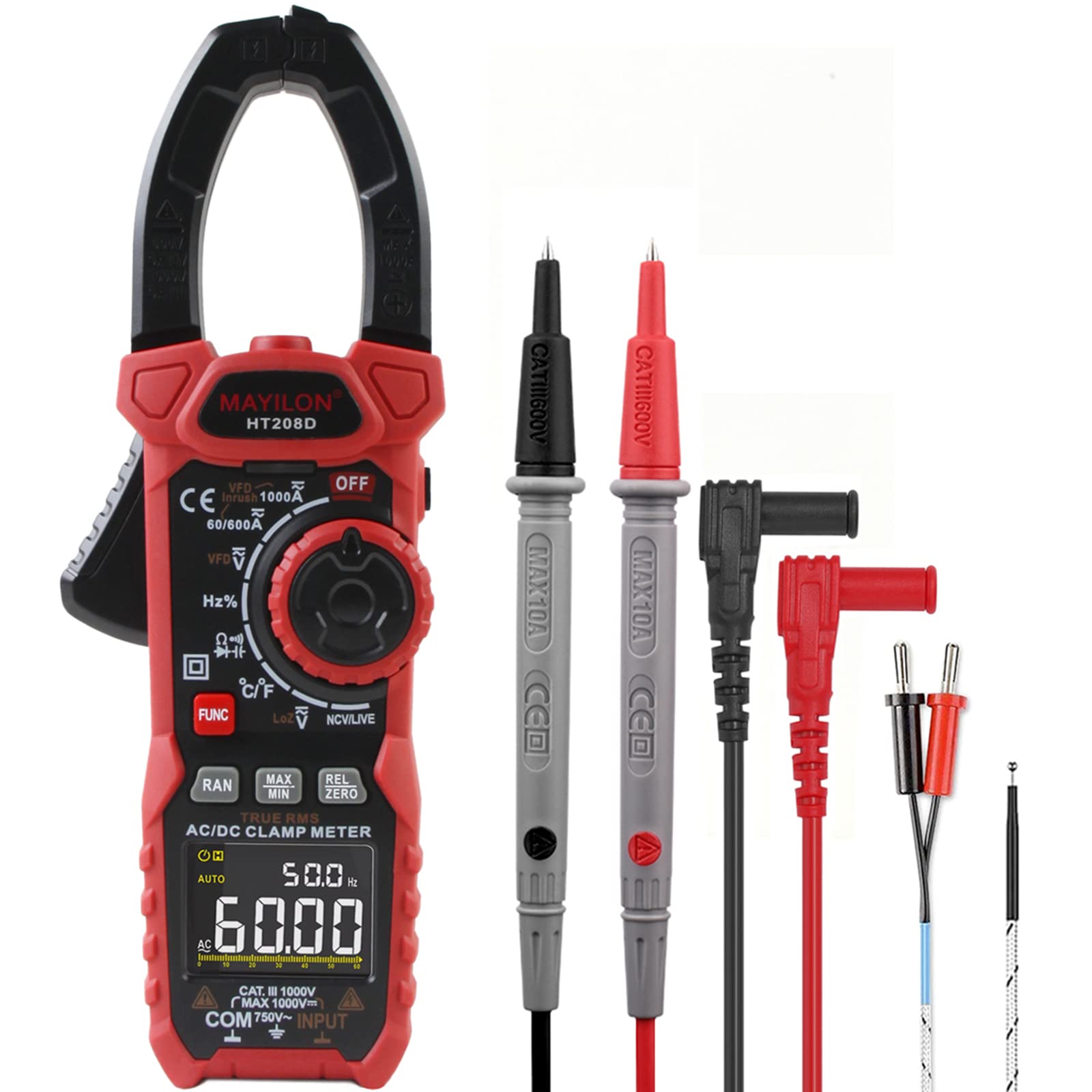 HT208D Einschaltstrom Stromzange, True-RMS Multimeter mit VFD, NCV und RAN Funktion, Misst AC/DC Spannung und Strom, Temperatur, Kapazität, Widerstand, Dioden, Kontinuität, Relativer Wert, LowZ