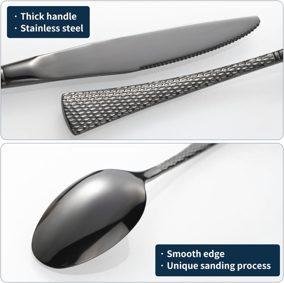 Hammered Black Silverware Set,20 Piece Modern Flatware Set Service for 4,Mirror Polished Stainless Steel Cutlery Set Utensil Set Tableware Set,Kitchen Knives Forks Spoons Set,Dishwasher Safe