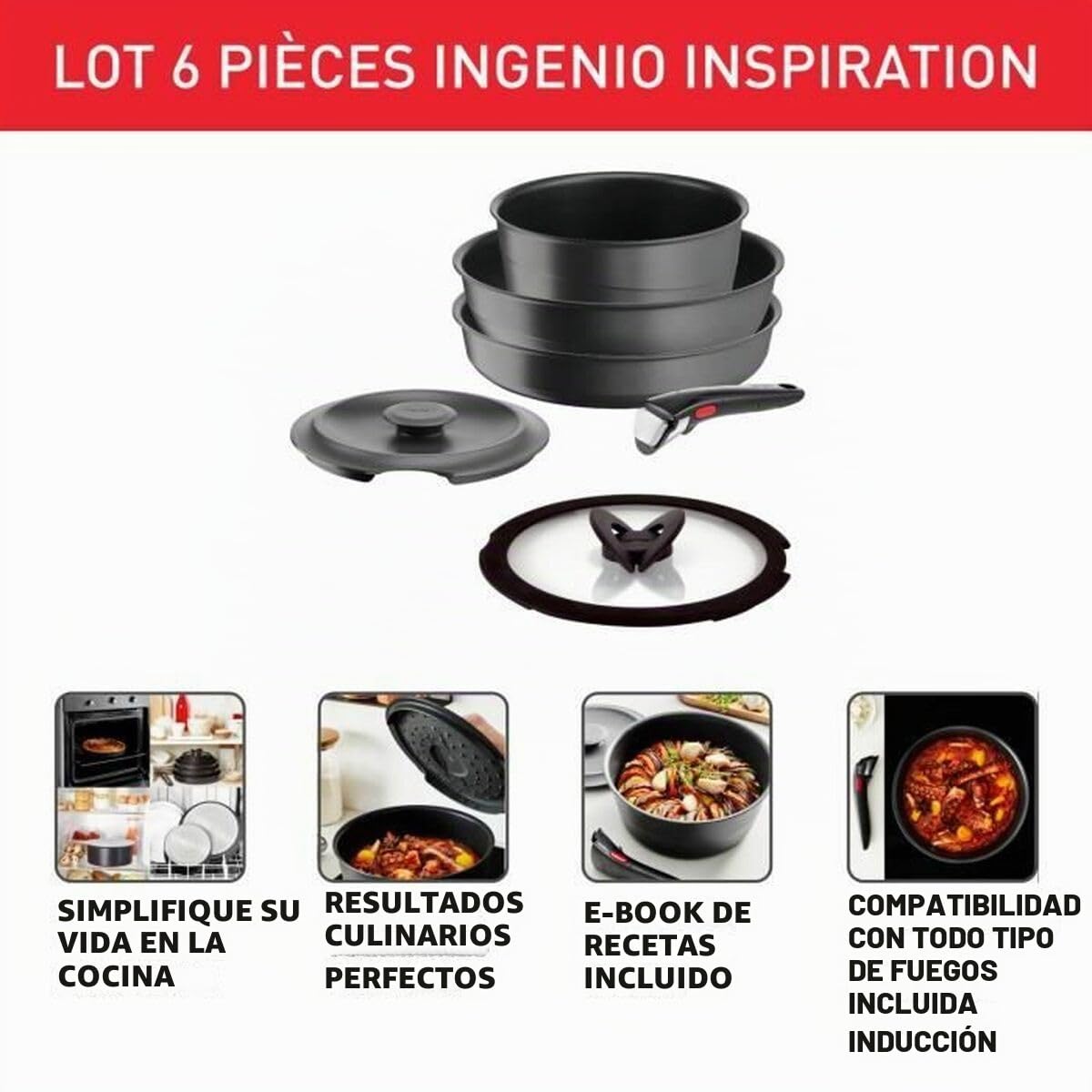Tefal Ingenio - Juego de 6 piezas, inducción, aluminio fundido, estufa, wok + tapa de cristal, olla + tapa de hierro fundido, mango extraíble, apto para lavavajillas, inspiración L867S604