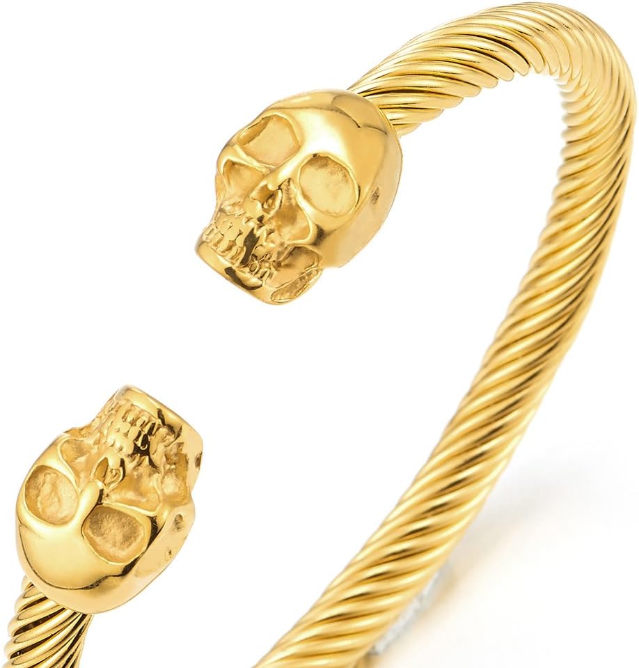 COOLSTEELANDBEYOND Elastic Adjustable Unique Mens Skull Cuff Bangle Steel Twisted Cable Bracelet Polished