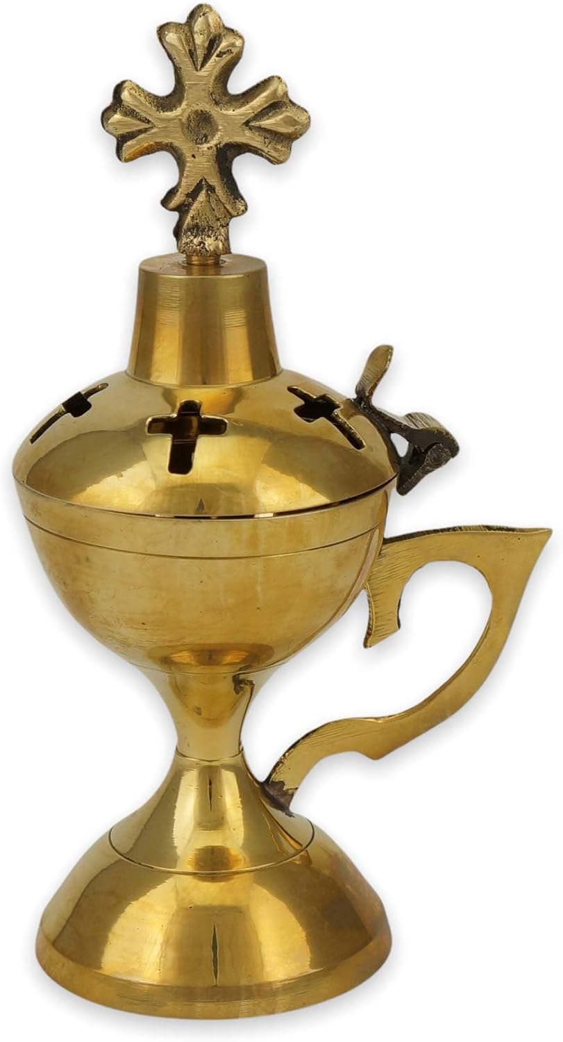 Small Brass Orthodox Censer - Ornate Christian Censer with Cross for Home or Church Use, 5.12 inch