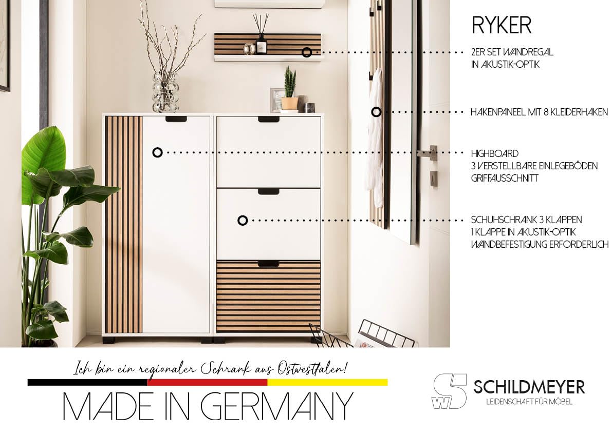 Schildmeyer Highboard Ryker 160036, Mattweiß/Akustikpaneel Optik, 59,8 x 19,5 x 124 cm