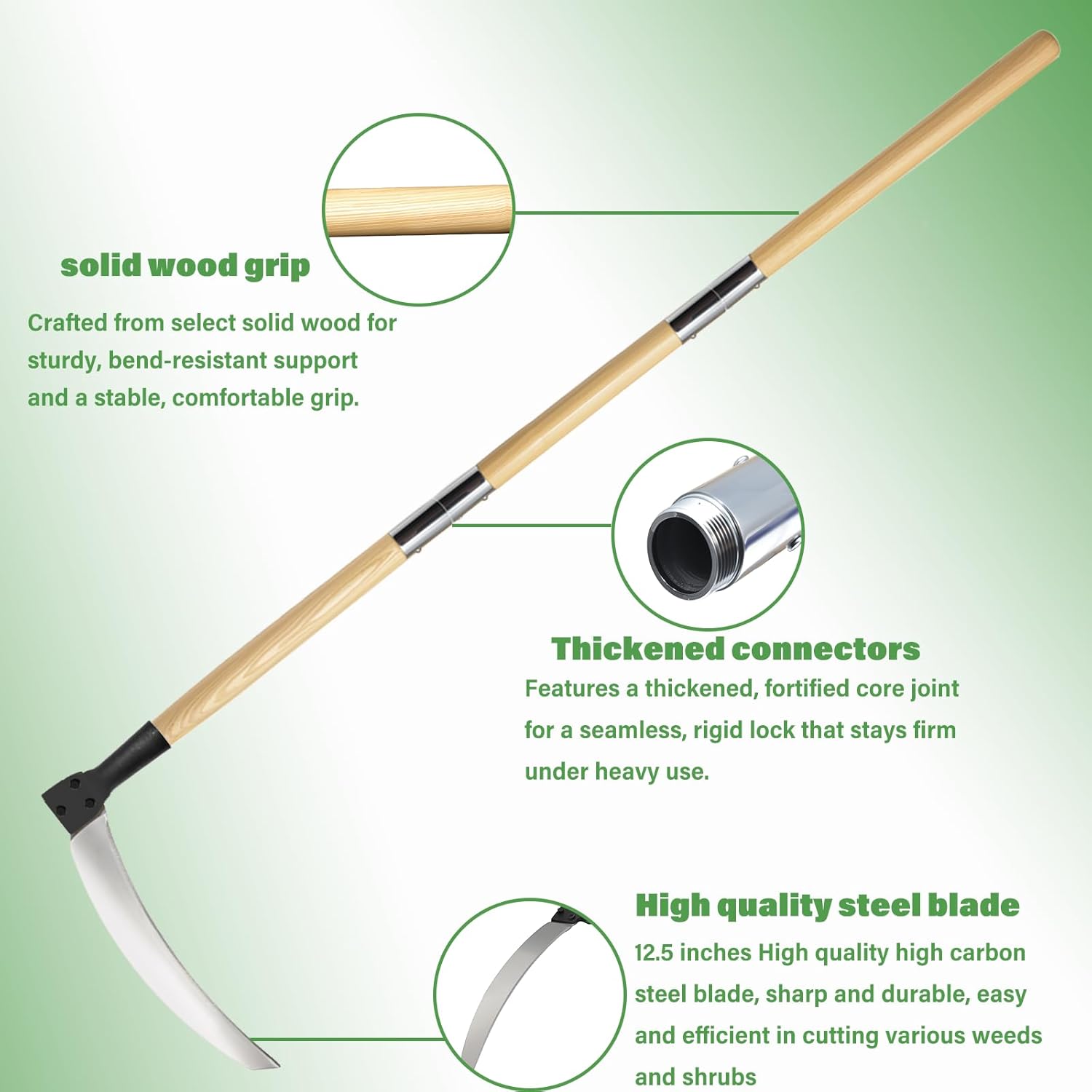 Solid Wood Long Handle Weeding Sickle, 32cm Extended Blade for Efficient Weed & Brush Clearing, 3-Section Adjustable Length, Heavy Duty Gardening Tool for Yard, Garden, Field and Ditch