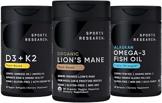 Sports Research® - Organic Lion's Mane Mushroom Supplement 1800mg + Vitamin D3 + K2 w/Coconut Oil - Vegan Vitamin D 5000iu + Omega-3 Fish Oil 1250