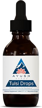 Ayush Herbs Tulsi Drops - Alcohol-Free Tulsi Drops, Holy Basil Gylcerite, Natural Immune-Support Drops for Kids & Adults, Calm & Focus Booster - 2 Fl Oz 80 Servings