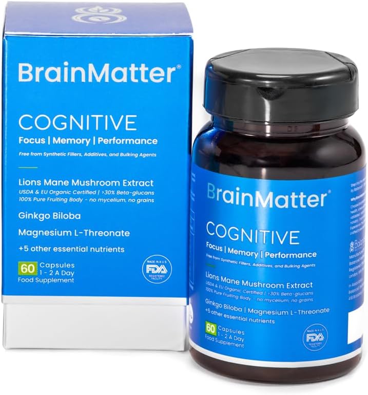 BrainMatter Cognitive – Nootropics Brain Supplement | Supports Focus, Memory & Mental Performance | Lions Mane, Gingko Biloba, Magnesium L-Threonate | Vegan, Gluten-Free, Halal, Non-GMO (60 Capsules)