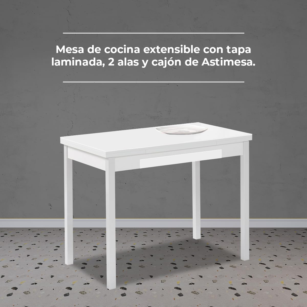 Astimesa - Mesa de Cocina Extensible con Tapa laminada, con 2 Alas y Cajón - Estructura de Metal Blanco - Color: Blanco - Mesa Cerrada: 100 cm x 60 cm. Mesa extendida: 150 x 60 cm