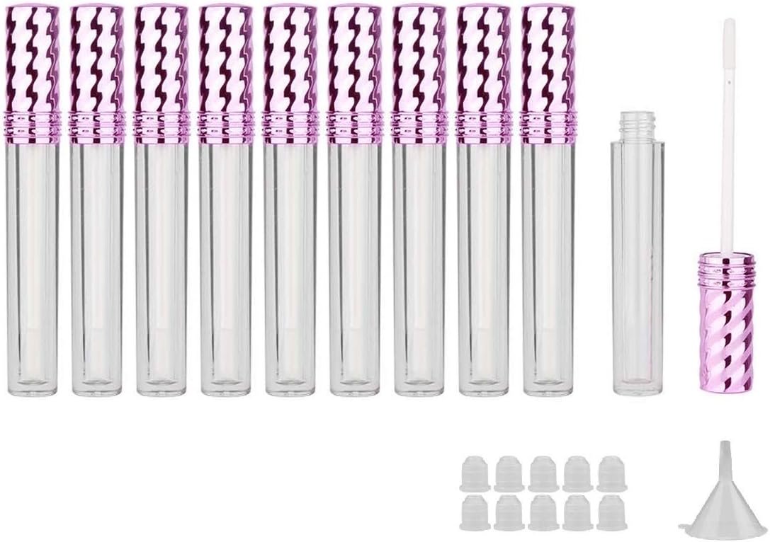 Lip Gloss Tubes, 10 Pack 4ml Empty Lip Gloss Containers, Clear Plastic Refillable Bottle Container with Brush Wand, 1 Funnel and 10 Rubber Stoppers for DIY Lip Gloss Balm Cosmetic (Pink Cap)