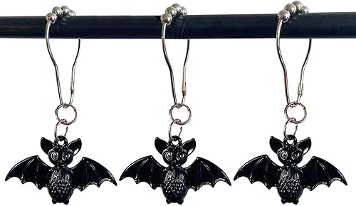 Ganchos de cortina de ducha de murciélago, 12 piezas de murciélagos de Halloween inoxidables de metal para barras de ducha de baño, decoración de