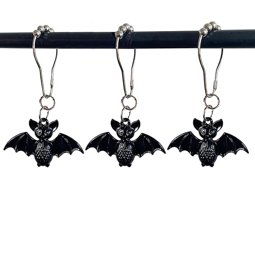 Bat Shower Curtain Hooks Rings, 12 Pcs Halloween Bats Rustproof Metal Shower Curtain Hangers for Bathroom Shower Rods, Halloween Party Theme Home Bathroom Decoration (Black) - Black