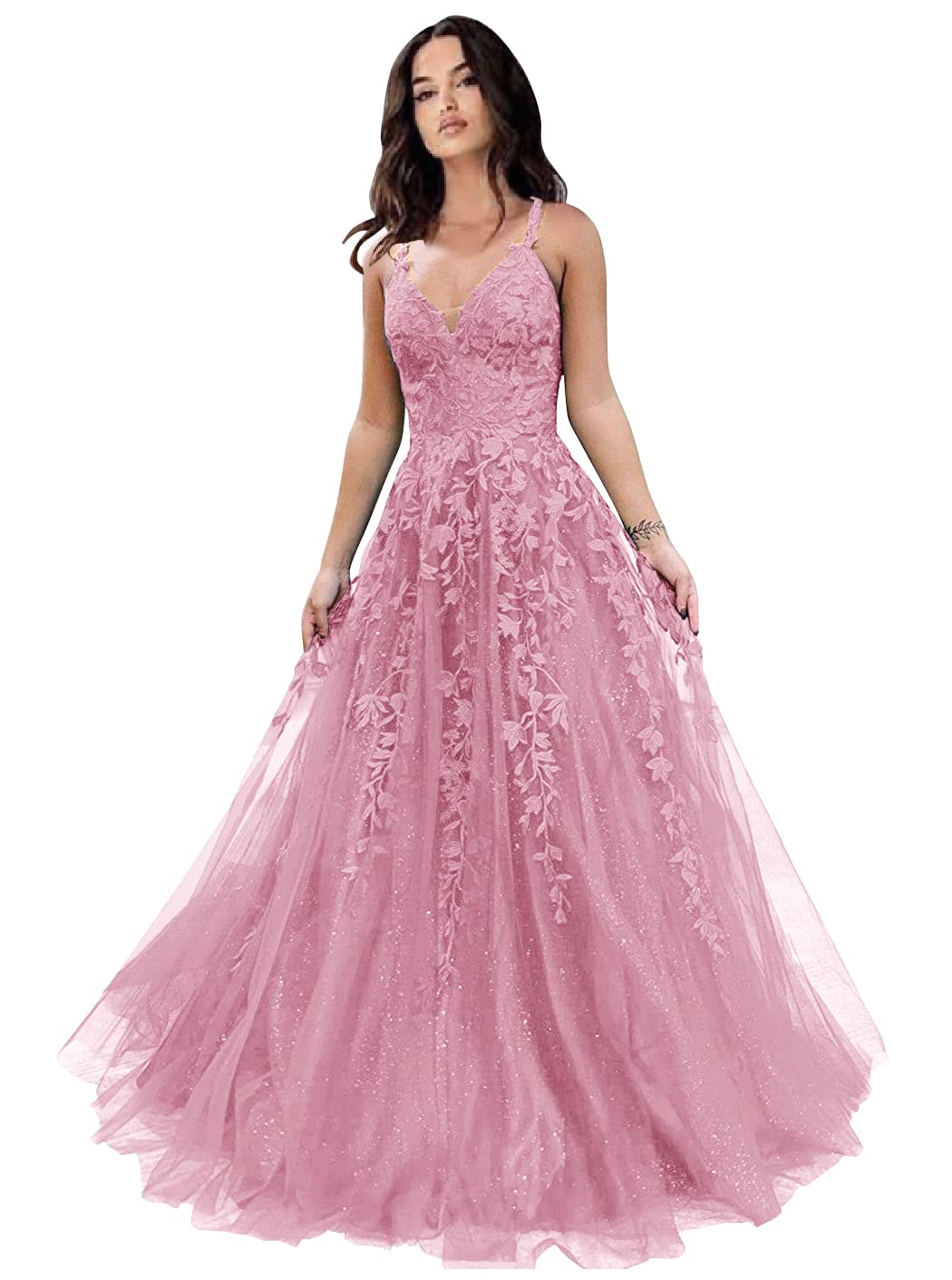 Tulle Prom Dresses for Women 2025 Sparkly Lace Appliques Long Ball Gowns Spaghetti Straps A-Line Evening Gowns