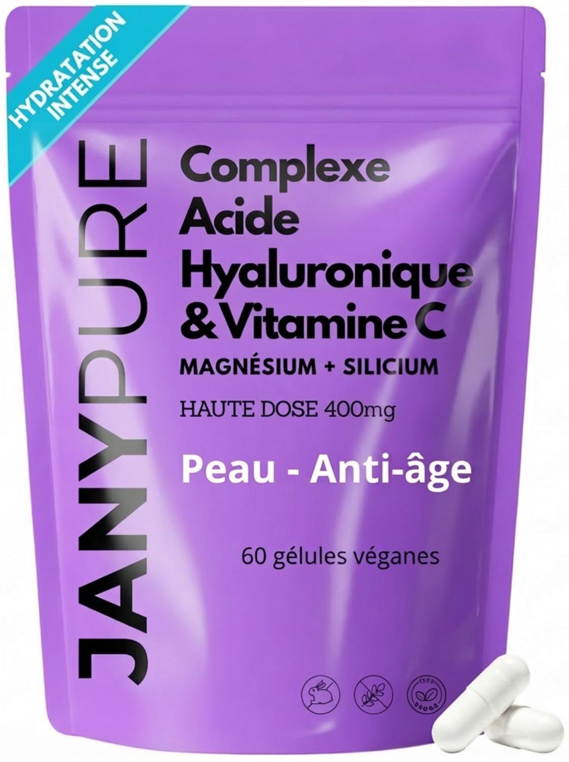 Ácido Hialurónico Puro 400 mg + Vitamina C 200 mg | Complejo Antienvejecimiento y Antiarrugas | Hidratación Intensa Piel, Brillo del Tinte y Articulaciones | Magnesio y Silicio | 60 Cápsulas Veganas |
