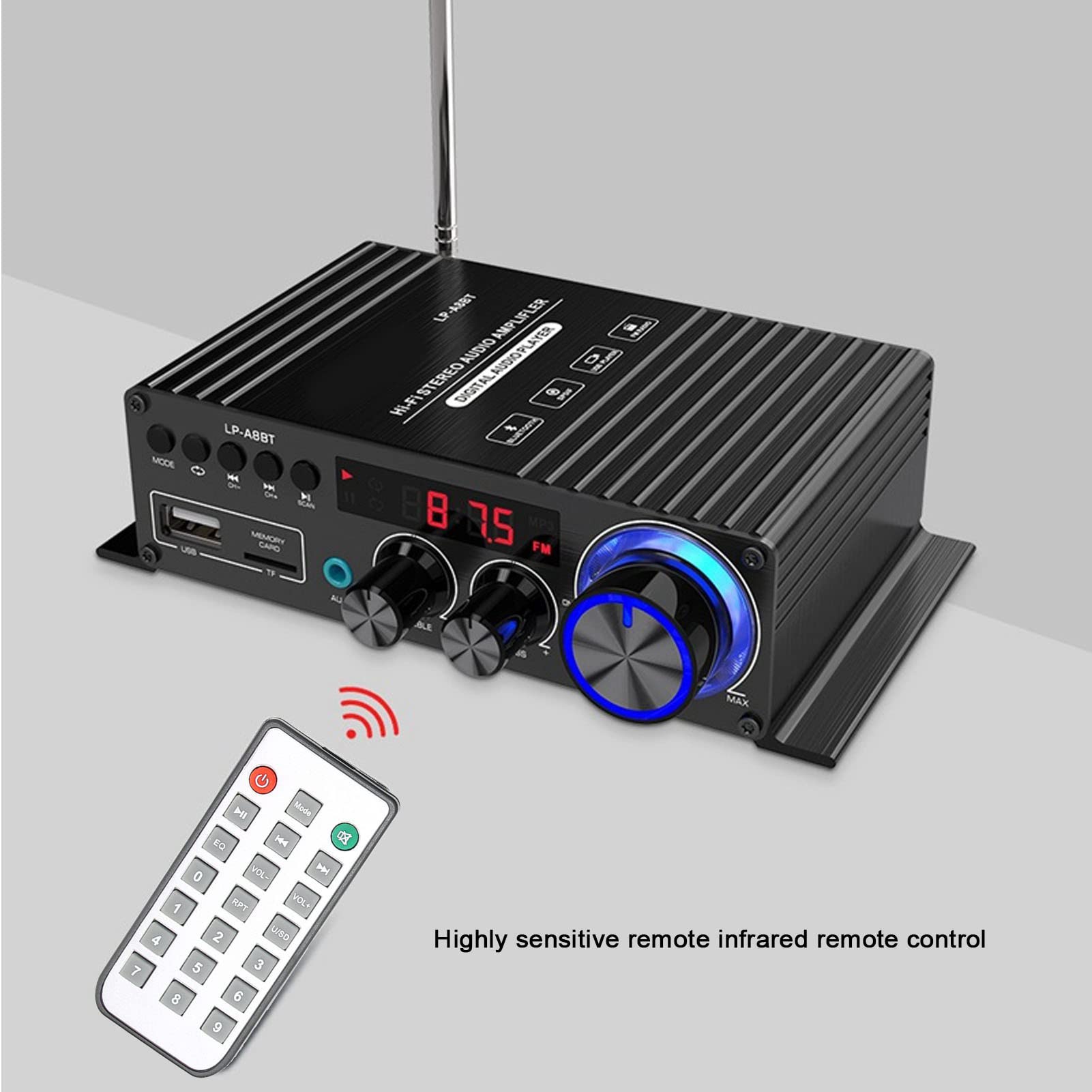 Amplificatore Stereo BT 5.0, Portata Wireless Oltre 40 Piedi, con Display a LED Digitale, Antenna Attrezzata e Telecomando, Ricevitore Stereo da 40 W X 2 per Auto da Casa