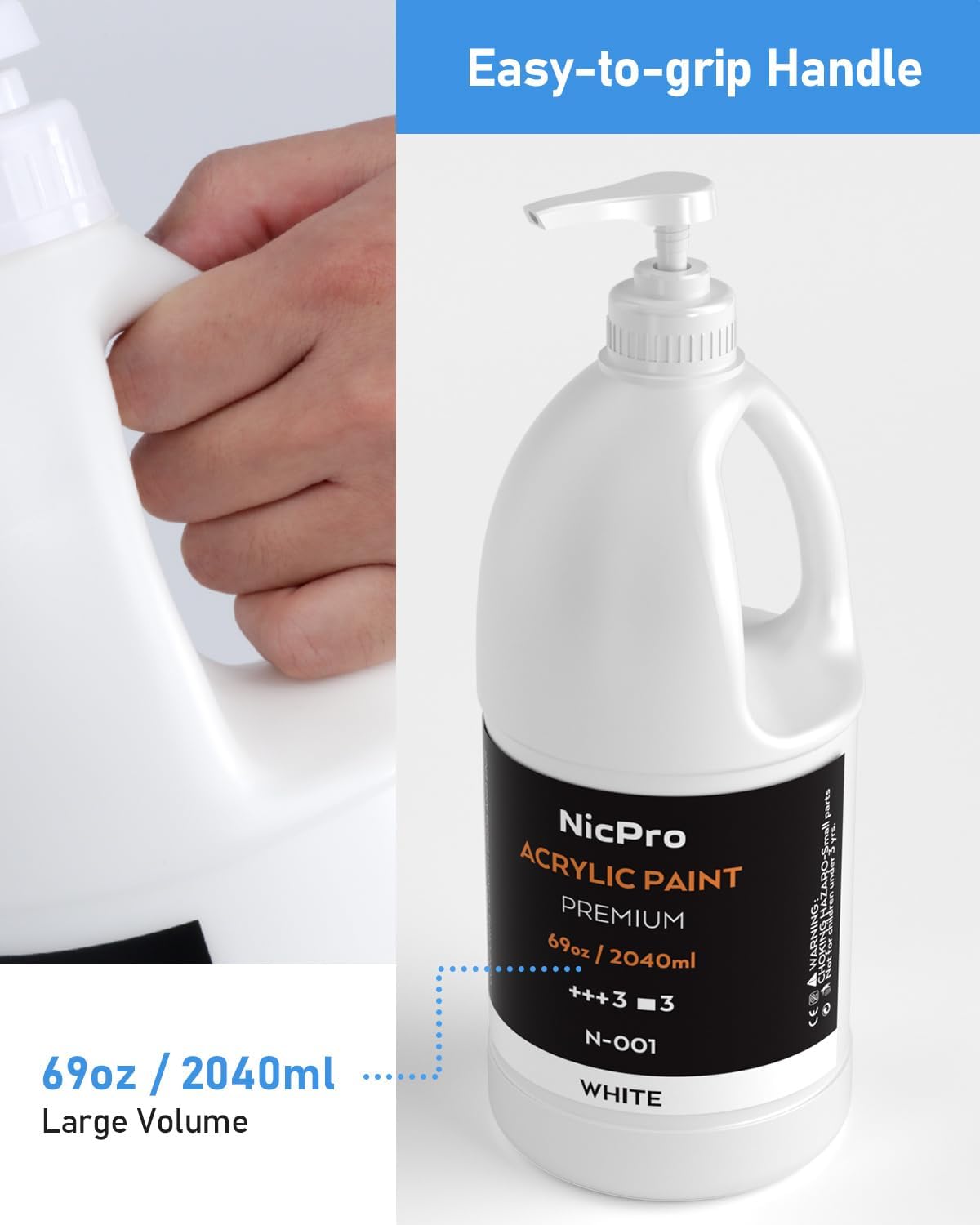 Nicpro 2 Pack White Large Acrylic Paint Set (69 oz, 2040 ml) Rich Art Painting Supplies Non Toxic for Multi Surface, Canvas, Wood, Leather, Fabric Stone Craft, for Beginners & Artists with Pump