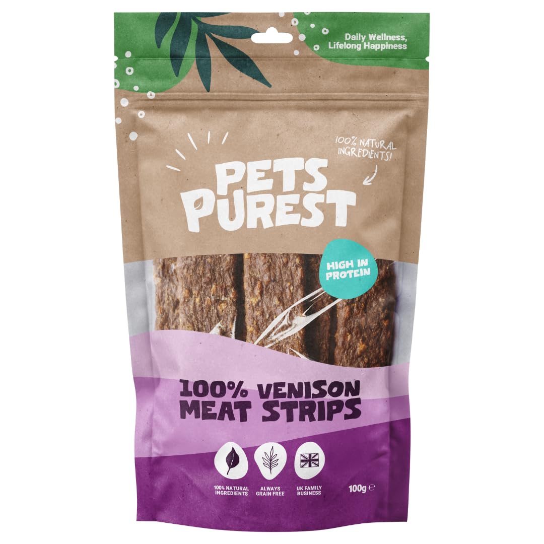 Pets Purest Venison Treats for Dogs Air-Dried Venison Meat Strips, 100% Natural Dog Chews, Grain Free, Raw
