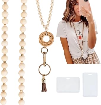 Teacher Lanyard with ID Holder,Wood Beaded Lanyards for Id Badges & Keys,Badge Card Key Holder,Neutral Boho Name Badge Lanyard,Cute Woven Keychain Lanyard for Cruise Ship Cards Women Office