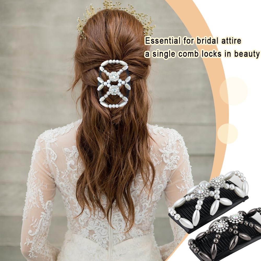 2 Pezzi Pettini per Capelli con Perline Doppio Pettine Fermacapelli Signore Clip Fermacapelli Pettine Elastico Doppio per Capelli Africano Vintage Regolabili Accessori Acconciatura Donna