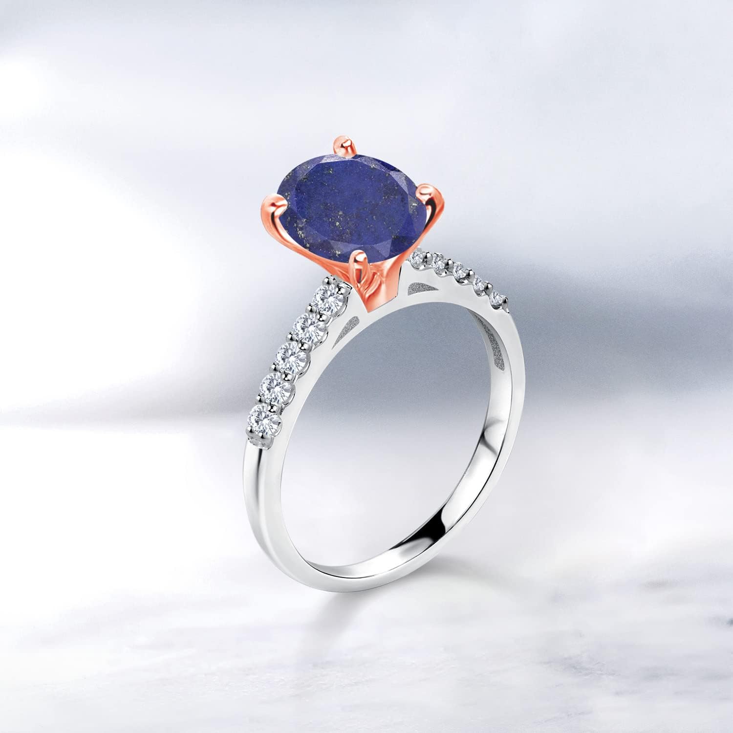 Gem Stone King 2.20 Ct Blue Lapis E-F Lab Grown Diamond 925 Silver and 10K Rose Gold Ring - Image 4